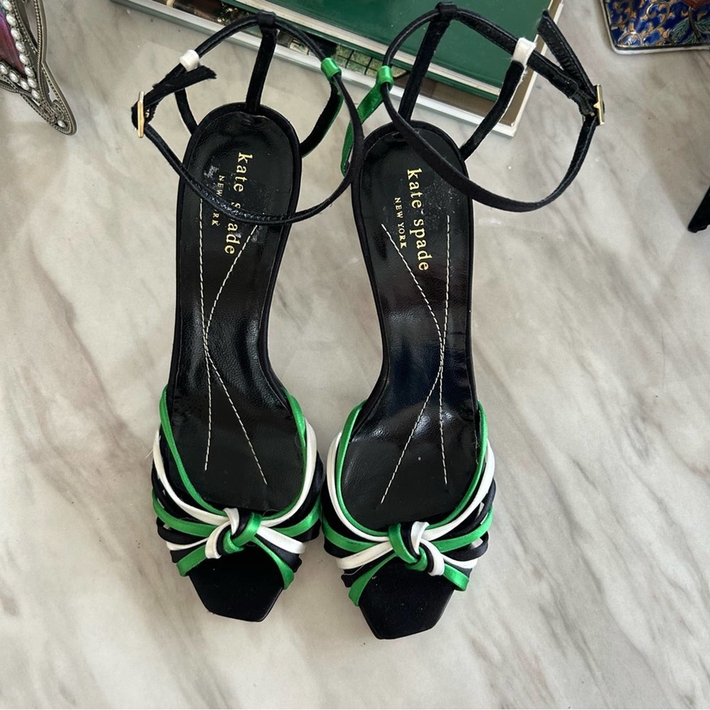 Kate Spade Emerald Green & Black Satin Strappy Peep Toe Heel